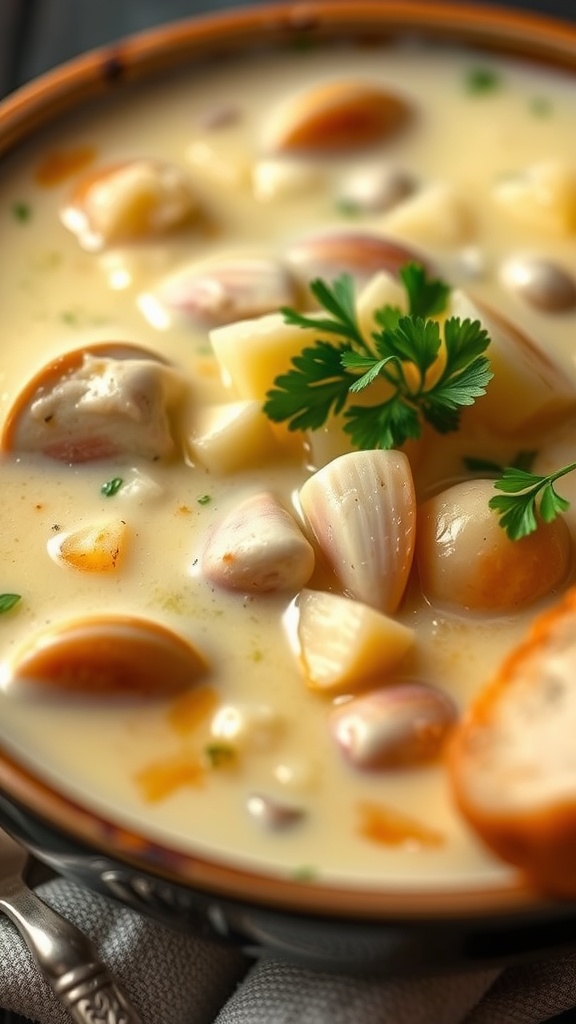 A bowl of creamy clam chowder with potatoes and clams, garnished with parsley, next to a slice of crusty bread.